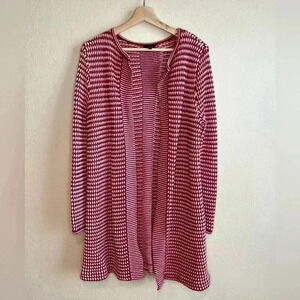 Talbots Merino Wool Red and White Open Front Cardigan Sweater Size Large